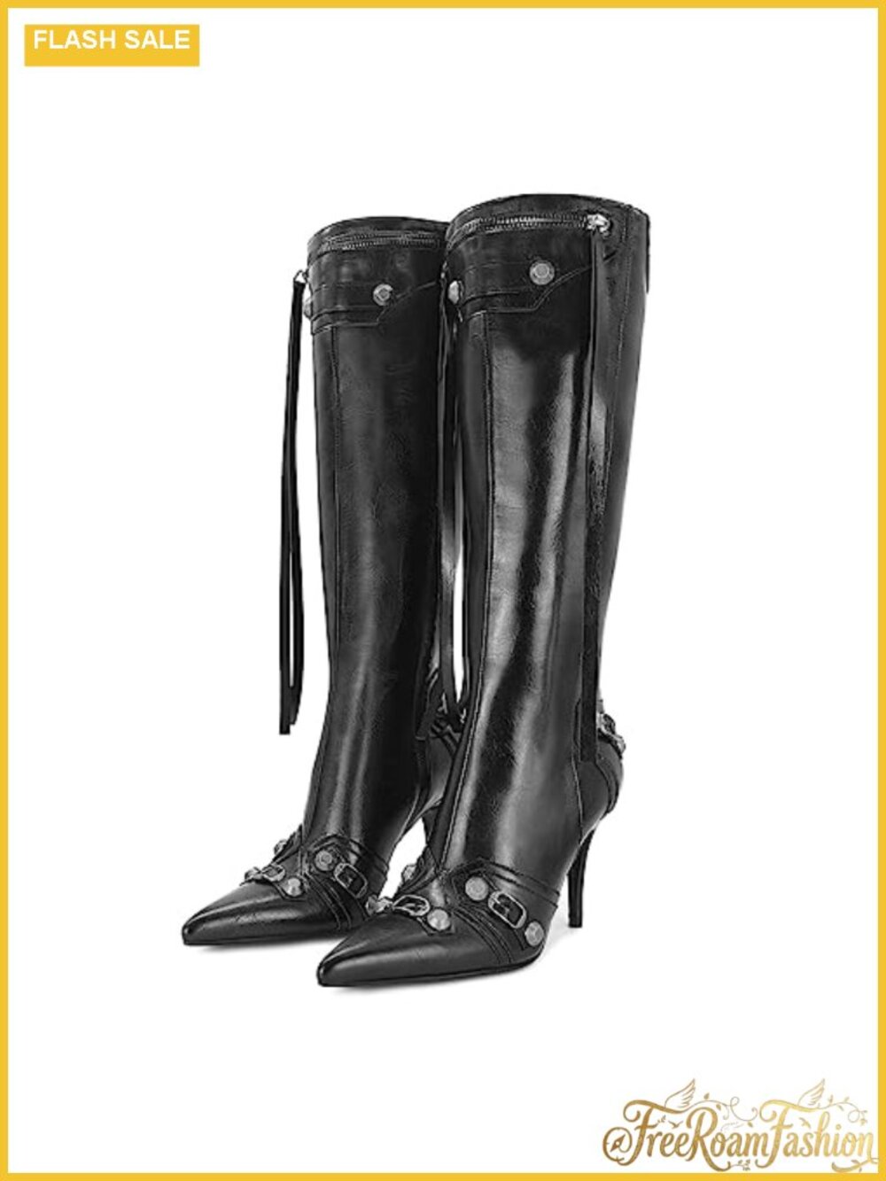 Pointed Toe Stiletto Knee High Boots Faux Leather Zipper Dress Boots